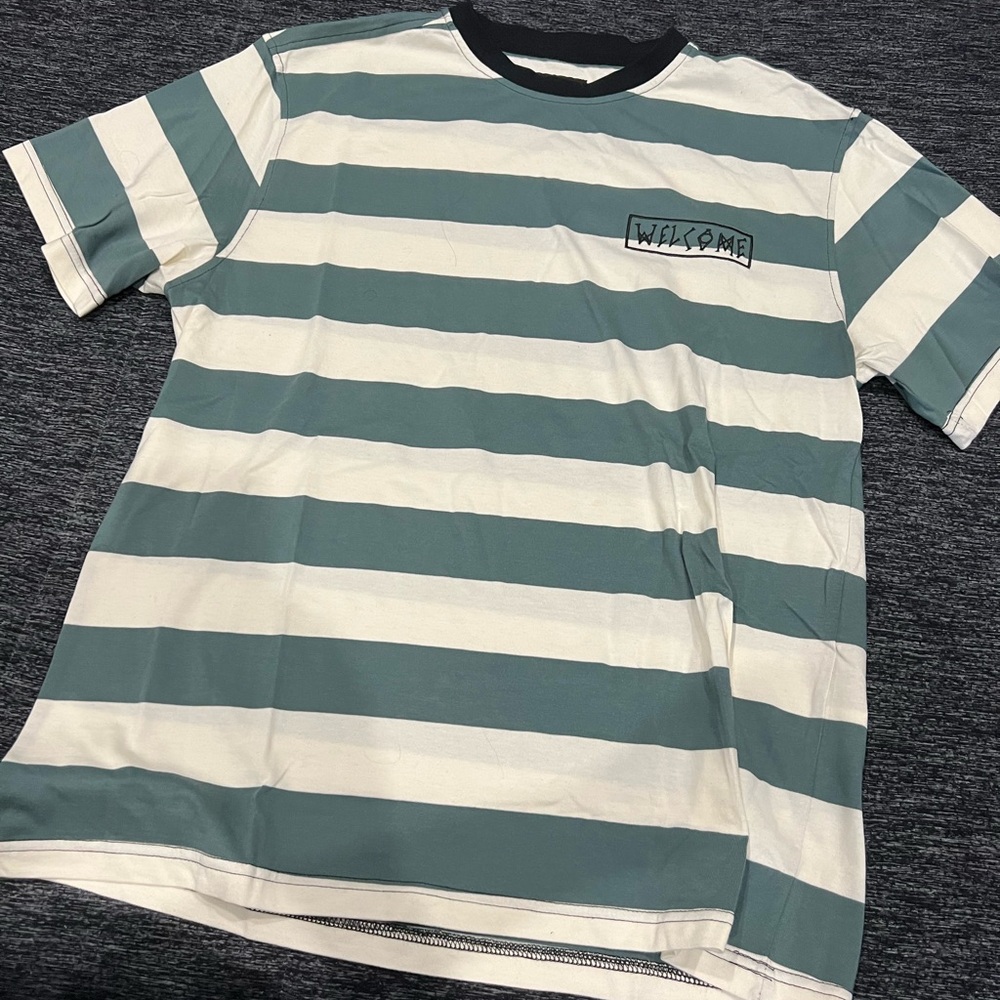 Welcome / Green + White striped tee
